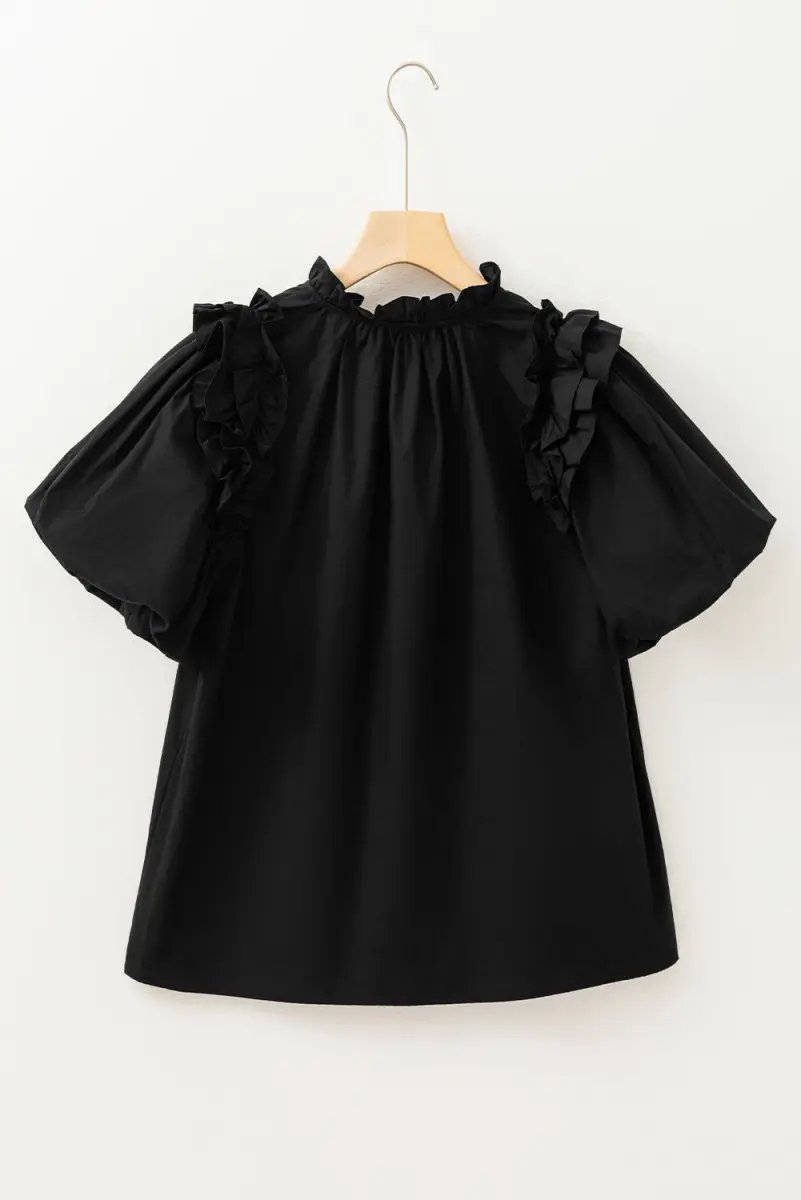Black Ruffled Puff Short Sleeve Loose Blouse for Women - Love Salve